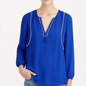 J.Crew Royal Blue Twisted Tassel Blouse Size 0 Flowy Boho Peasant Top
